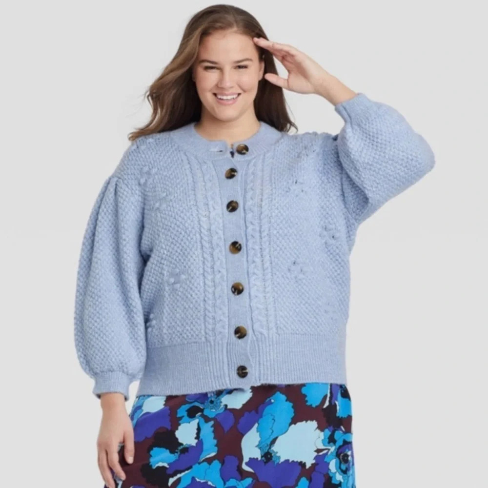 Who What Wear Corydalis Heather Cardigan Sweater Blue Wool Blend XXL